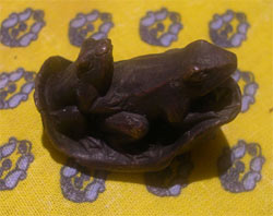 bronze frogs on a lily leaf