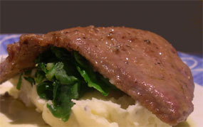 calves liver with spinach and champ