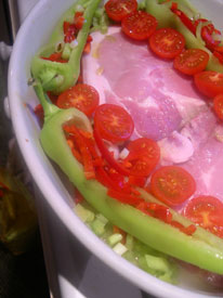 pork and spring vegetables waiting to be baked