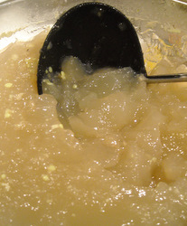 Chicken stock chilled in the icy kitchen overnight