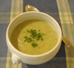 Photo shows a bowl of steaming soup made from leftover Stilton, cauliflower and broccoli. Yum!